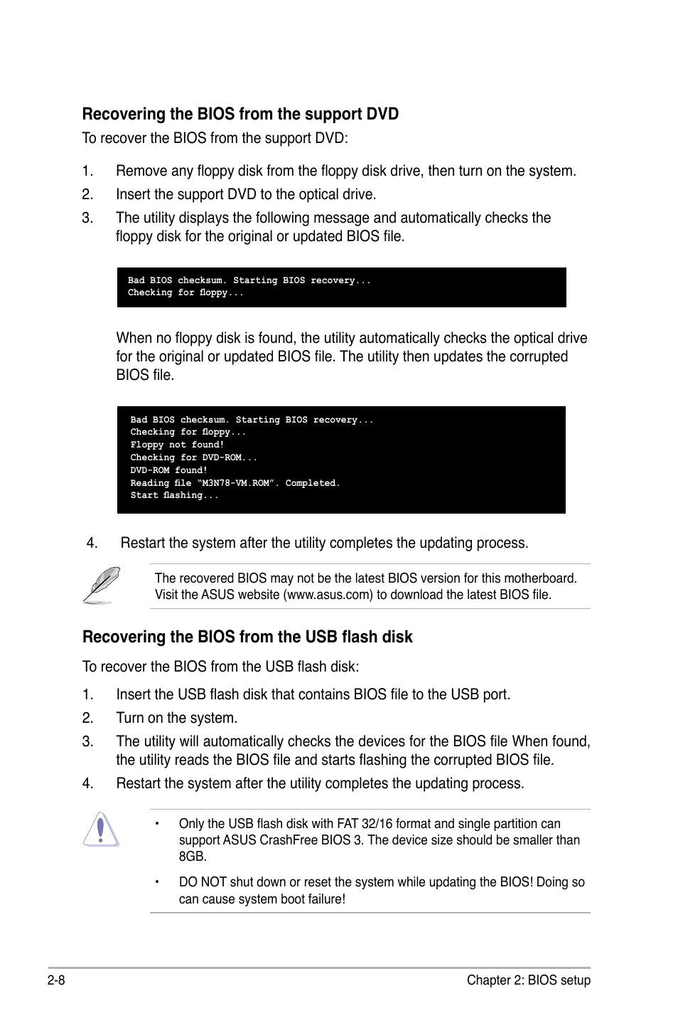 Recovering the bios from the support dvd, Recovering the bios from the usb flash disk | Asus M3N78-VM User Manual | Page 56 / 118