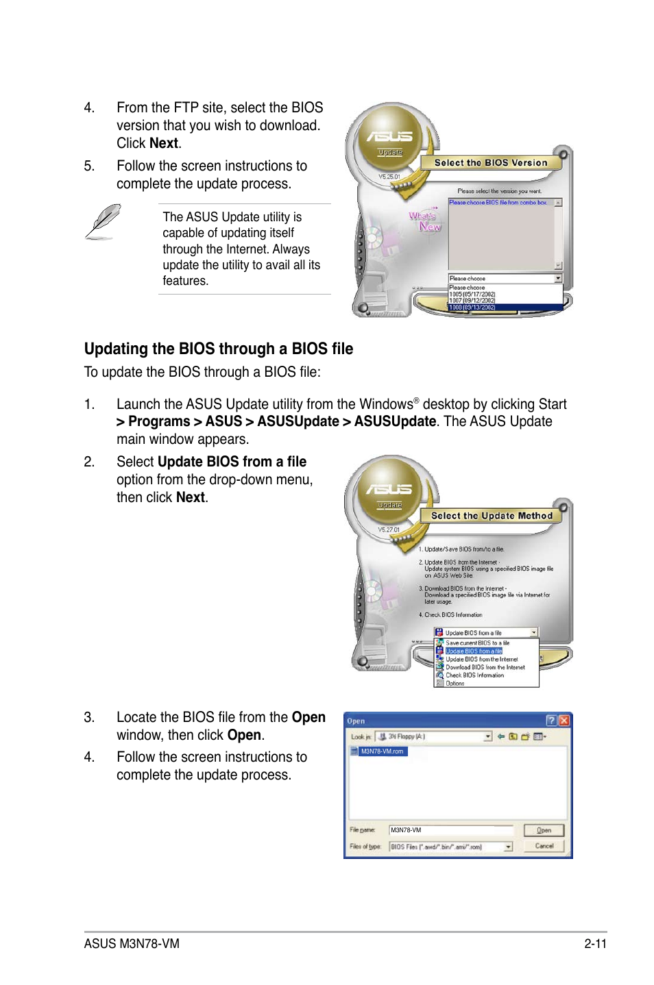 Updating the bios through a bios file | Asus M3N78-VM User Manual | Page 59 / 118