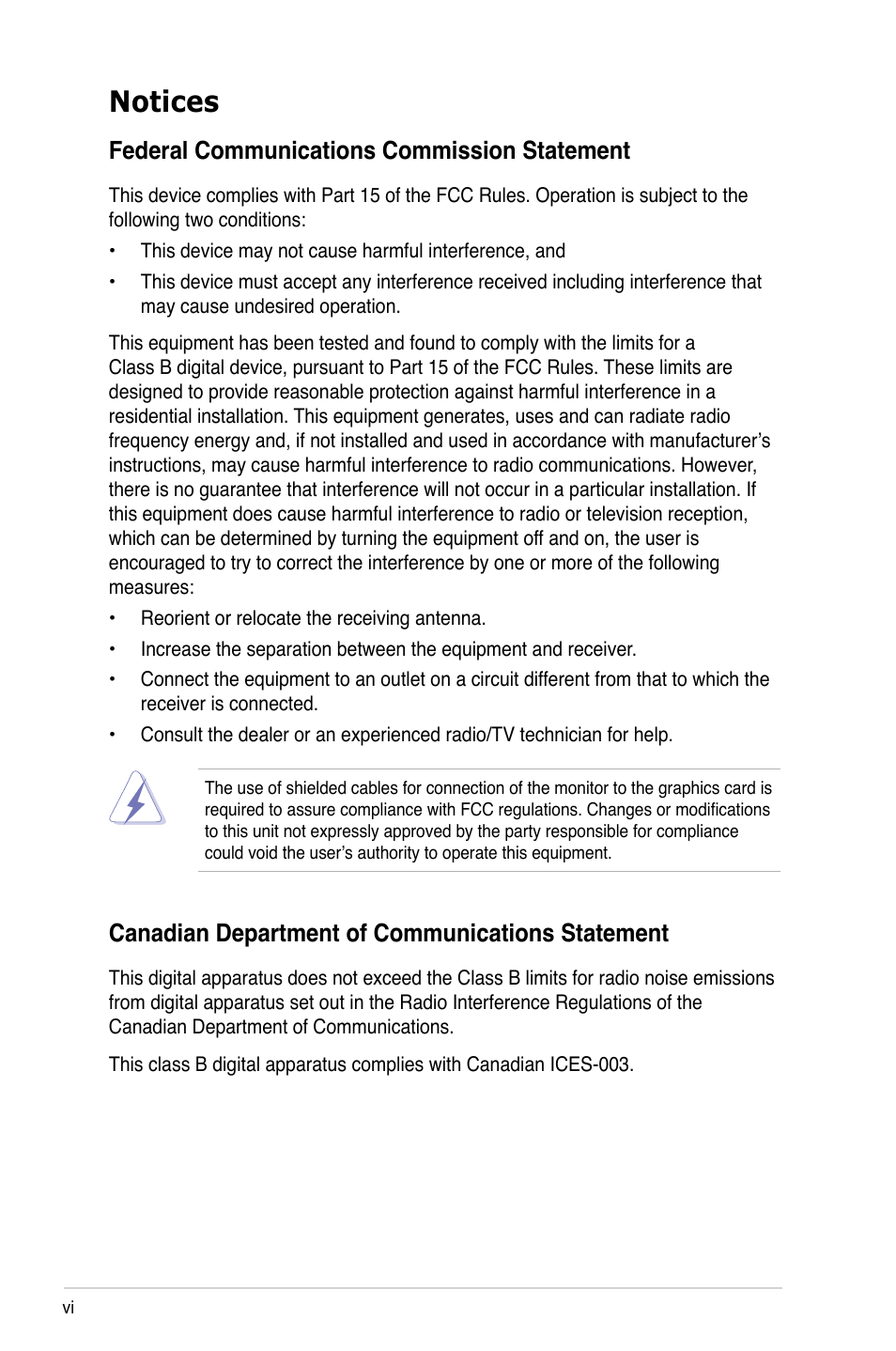 Notices, Federal communications commission statement, Canadian department of communications statement | Asus M3N78-VM User Manual | Page 6 / 118