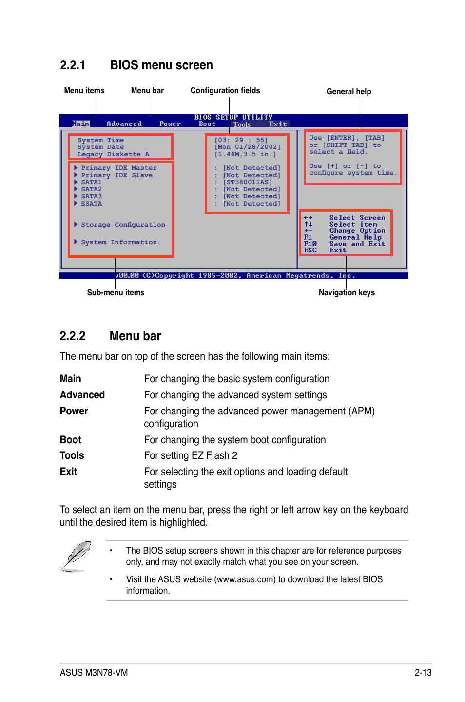 1 bios menu screen, 2 menu bar | Asus M3N78-VM User Manual | Page 61 / 118