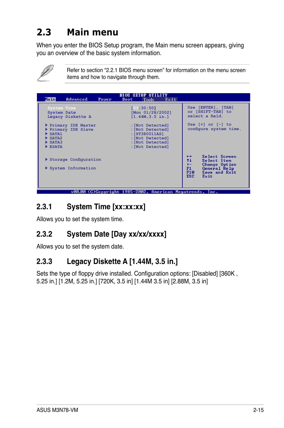 3 main menu, 1 system time [xx:xx:xx, 2 system date [day xx/xx/xxxx | 3 legacy diskette a [1.44m, 3.5 in, Allows you to set the system time, Allows you to set the system date | Asus M3N78-VM User Manual | Page 63 / 118