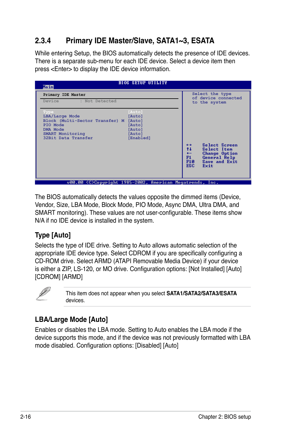 4 primary ide master/slave, sata1~3, esata, Type [auto, Lba/large mode [auto | Asus M3N78-VM User Manual | Page 64 / 118