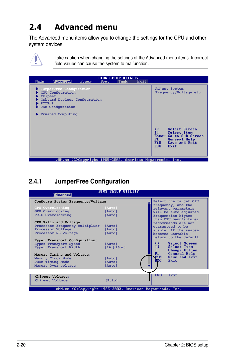 4 advanced menu, 1 jumperfree configuration, 20 chapter 2: bios setup | Asus M3N78-VM User Manual | Page 68 / 118