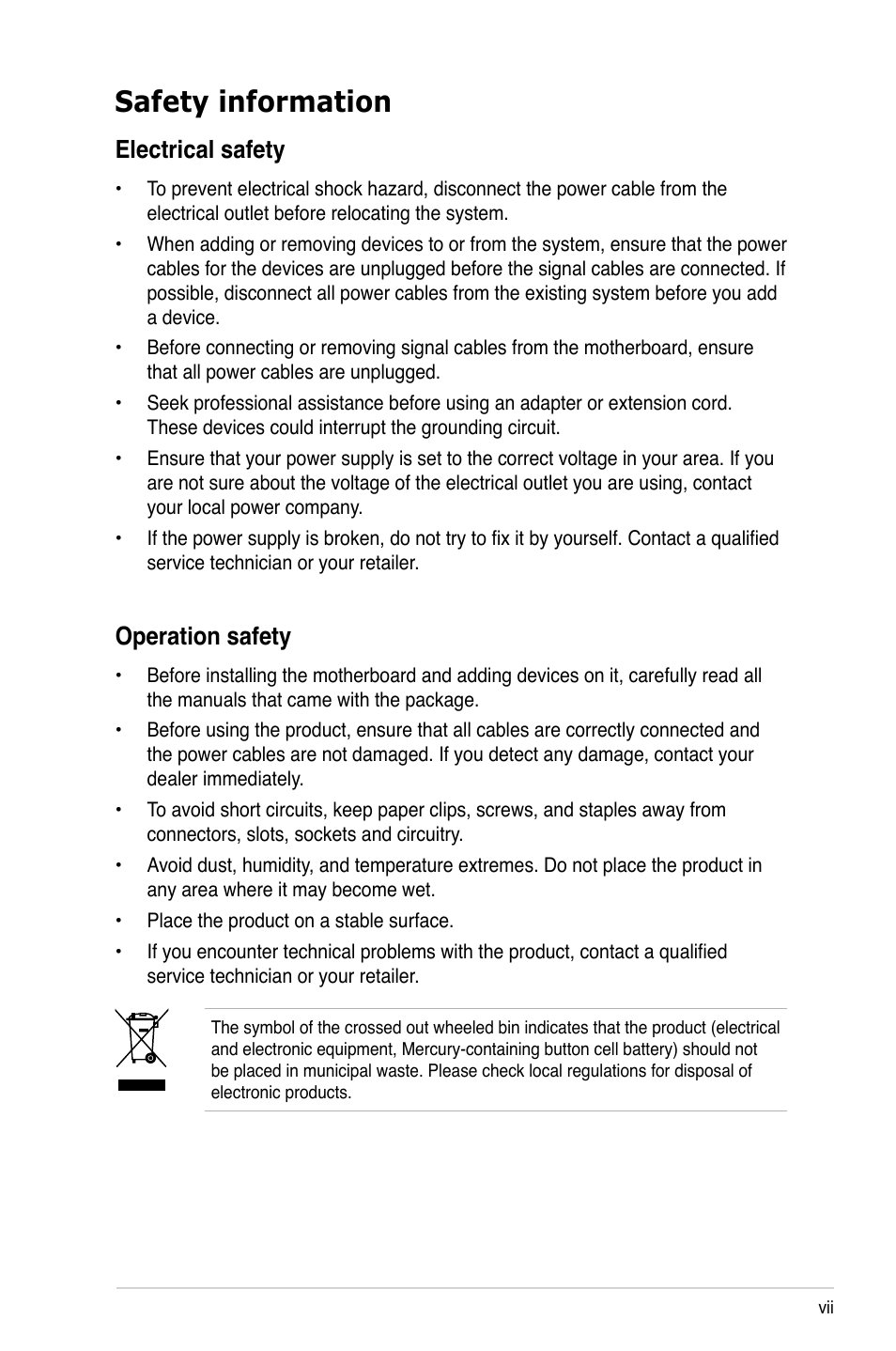 Safety information, Electrical safety, Operation safety | Asus M3N78-VM User Manual | Page 7 / 118