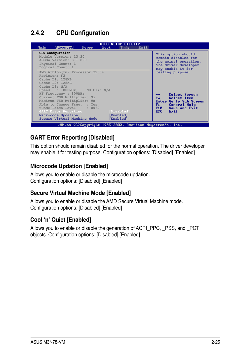 2 cpu configuration, Gart error reporting [disabled, Microcode updation [enabled | Secure virtual machine mode [enabled, Cool ‘n’ quiet [enabled | Asus M3N78-VM User Manual | Page 73 / 118