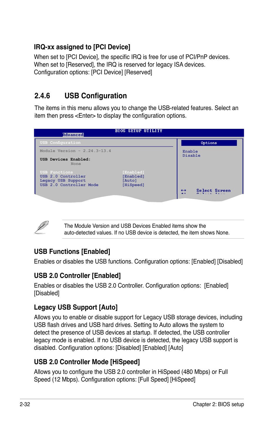 6 usb configuration, Irq-xx assigned to [pci device, Usb functions [enabled | Usb 2.0 controller [enabled, Legacy usb support [auto, Usb 2.0 controller mode [hispeed | Asus M3N78-VM User Manual | Page 80 / 118