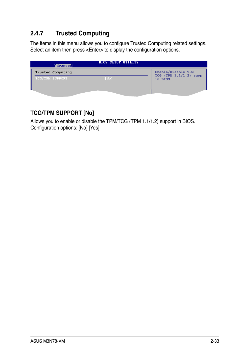 7 trusted computing, Tcg/tpm support [no | Asus M3N78-VM User Manual | Page 81 / 118