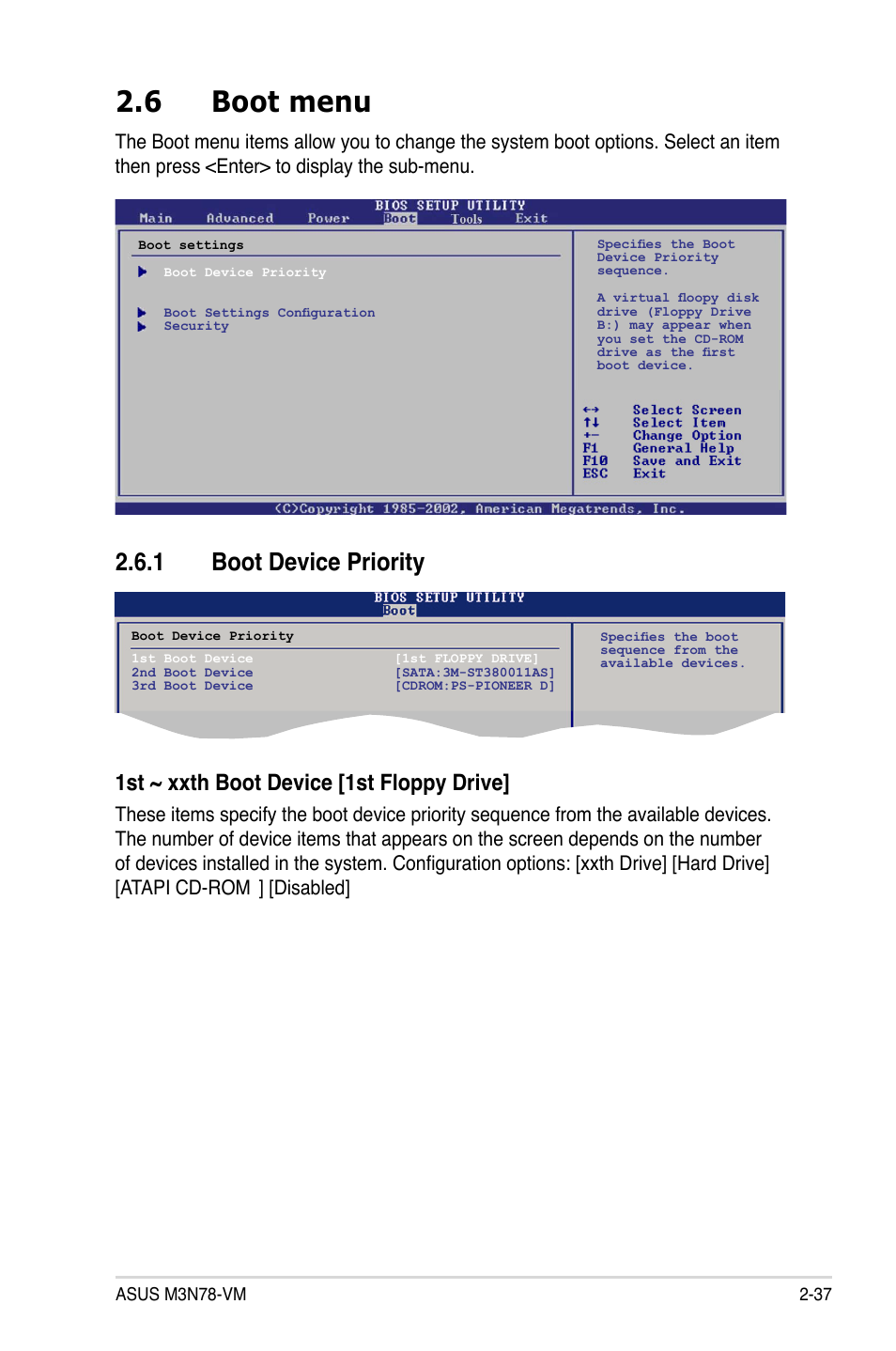 6 boot menu, 1 boot device priority, 1st ~ xxth boot device [1st floppy drive | Disabled | Asus M3N78-VM User Manual | Page 85 / 118