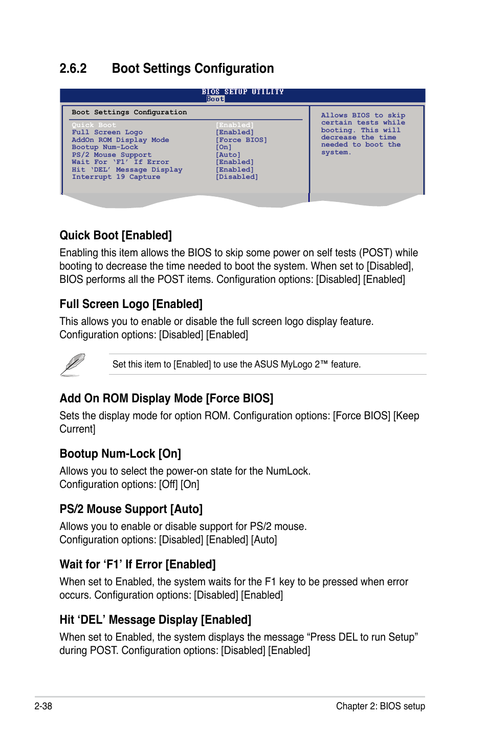 2 boot settings configuration, Quick boot [enabled, Full screen logo [enabled | Add on rom display mode [force bios, Bootup num-lock [on, Ps/2 mouse support [auto, Wait for ‘f1’ if error [enabled, Hit ‘del’ message display [enabled | Asus M3N78-VM User Manual | Page 86 / 118