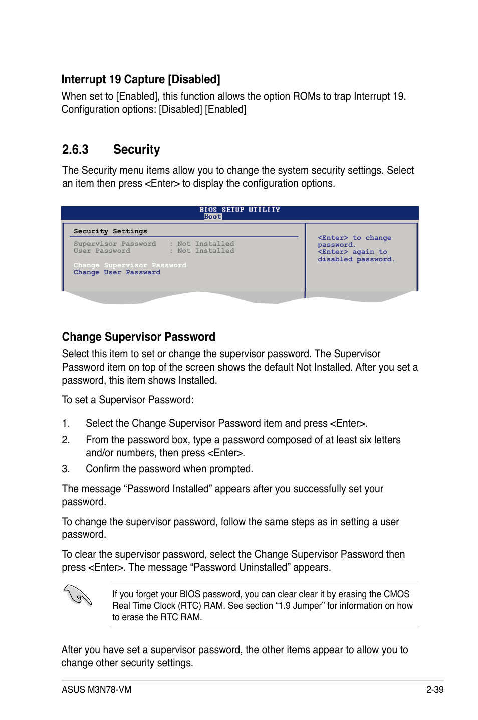 3 security, Interrupt 19 capture [disabled, Change supervisor password | Asus M3N78-VM User Manual | Page 87 / 118