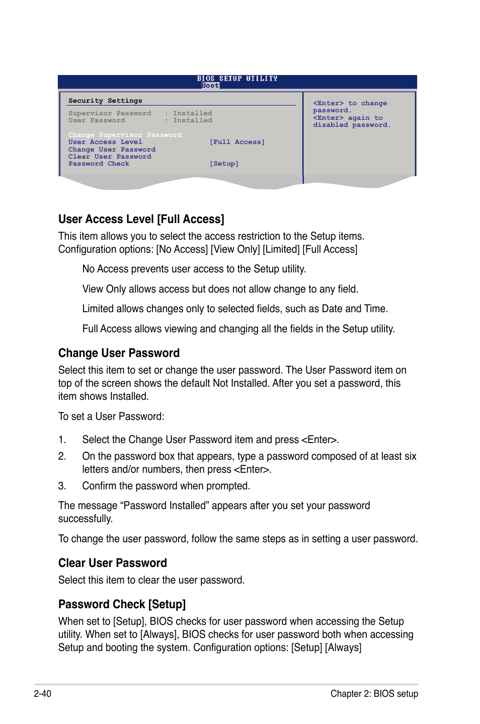 User access level [full access, Change user password, Clear user password | Password check [setup | Asus M3N78-VM User Manual | Page 88 / 118