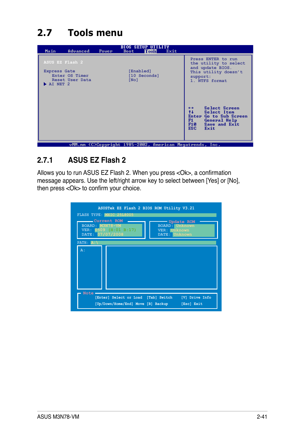 7 tools menu, 1 asus ez flash 2 | Asus M3N78-VM User Manual | Page 89 / 118