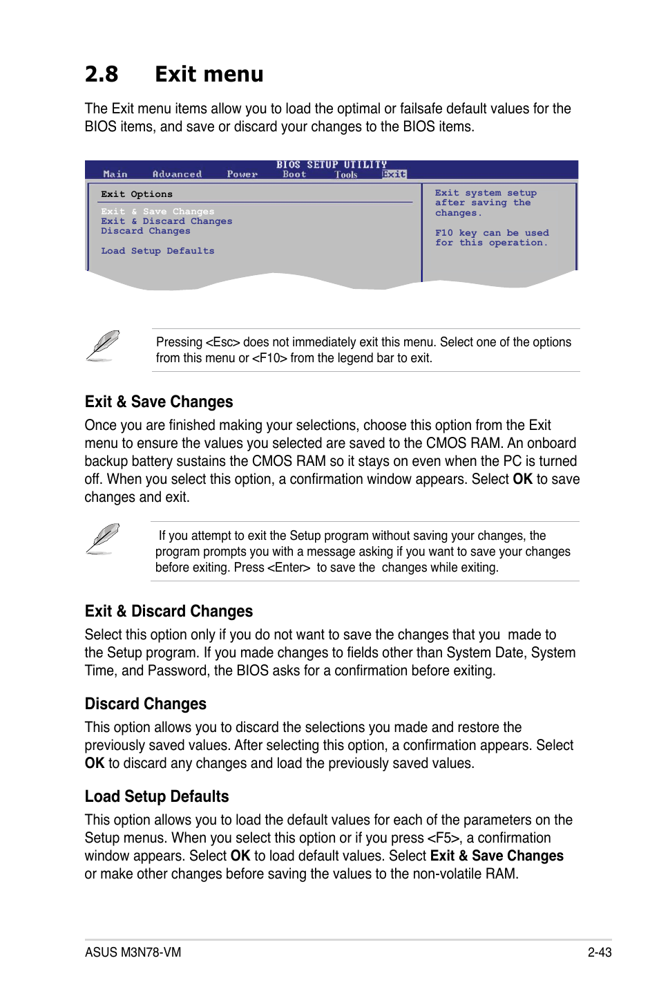 8 exit menu, Exit & discard changes, Discard changes | Load setup defaults, Exit & save changes | Asus M3N78-VM User Manual | Page 91 / 118