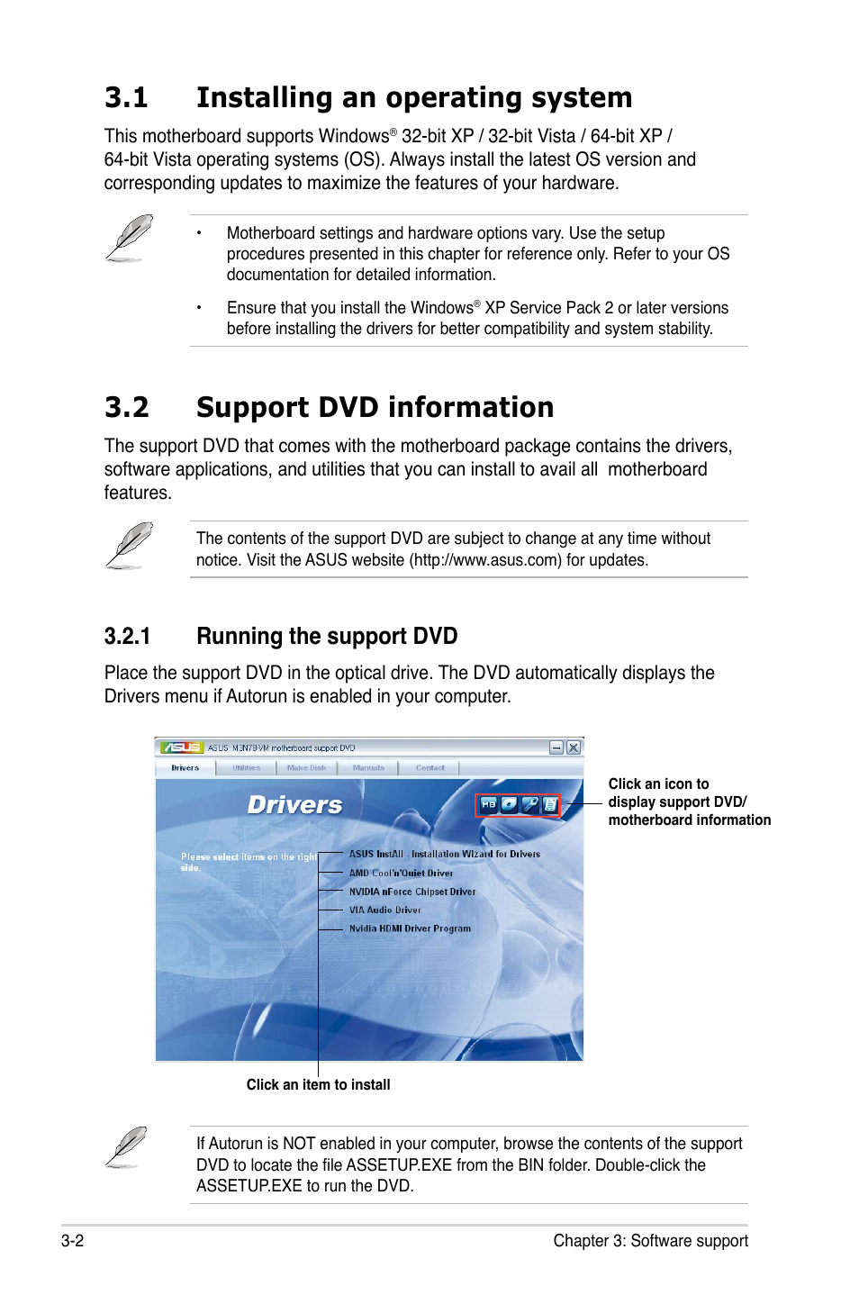 1 installing an operating system, 2 support dvd information, 1 running the support dvd | Asus M3N78-VM User Manual | Page 94 / 118