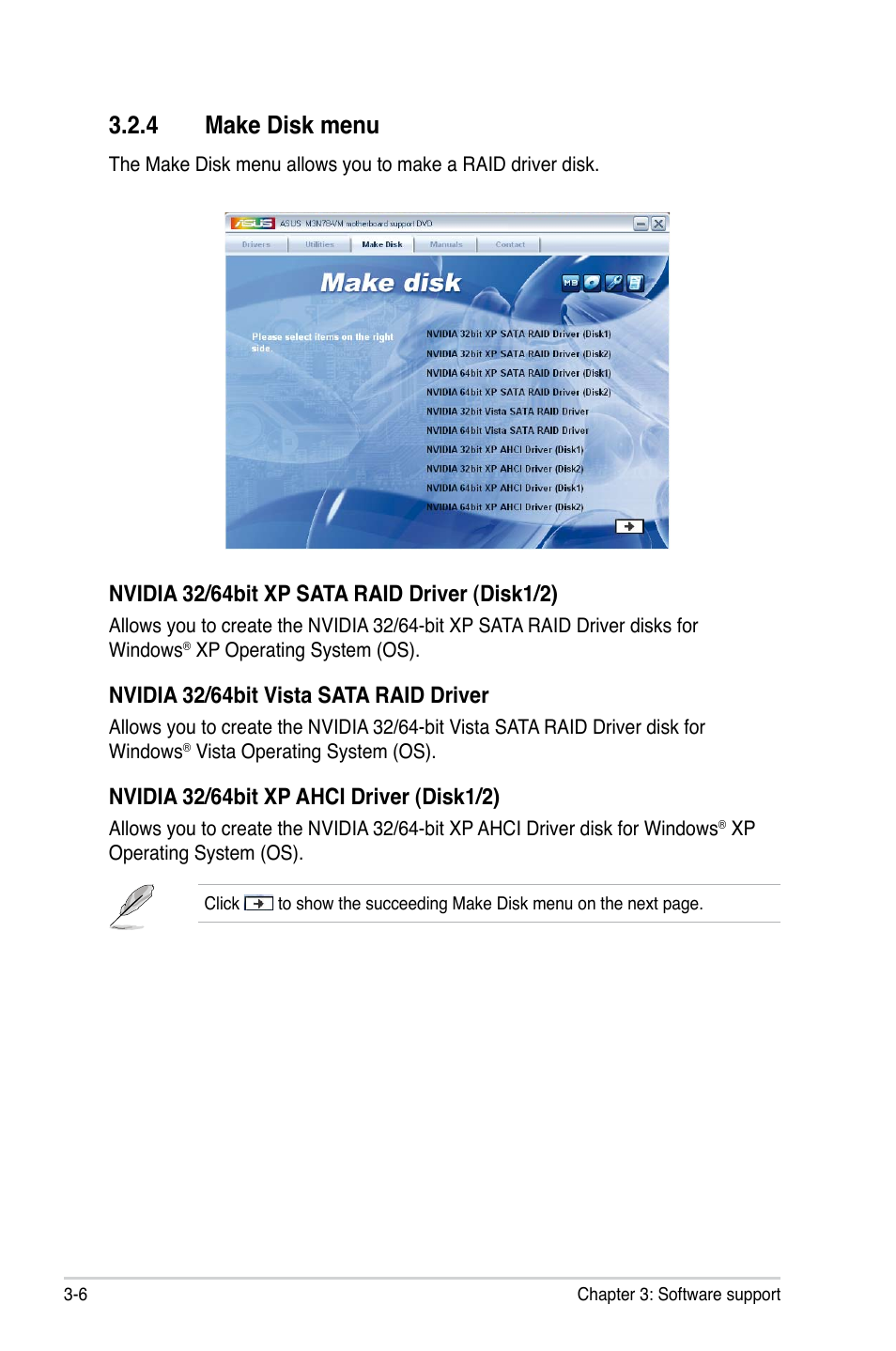 4 make disk menu, Nvidia 32/64bit vista sata raid driver | Asus M3N78-VM User Manual | Page 98 / 118