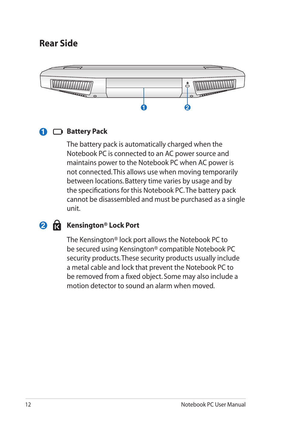 Rear side | Asus G73Jh User Manual | Page 12 / 30