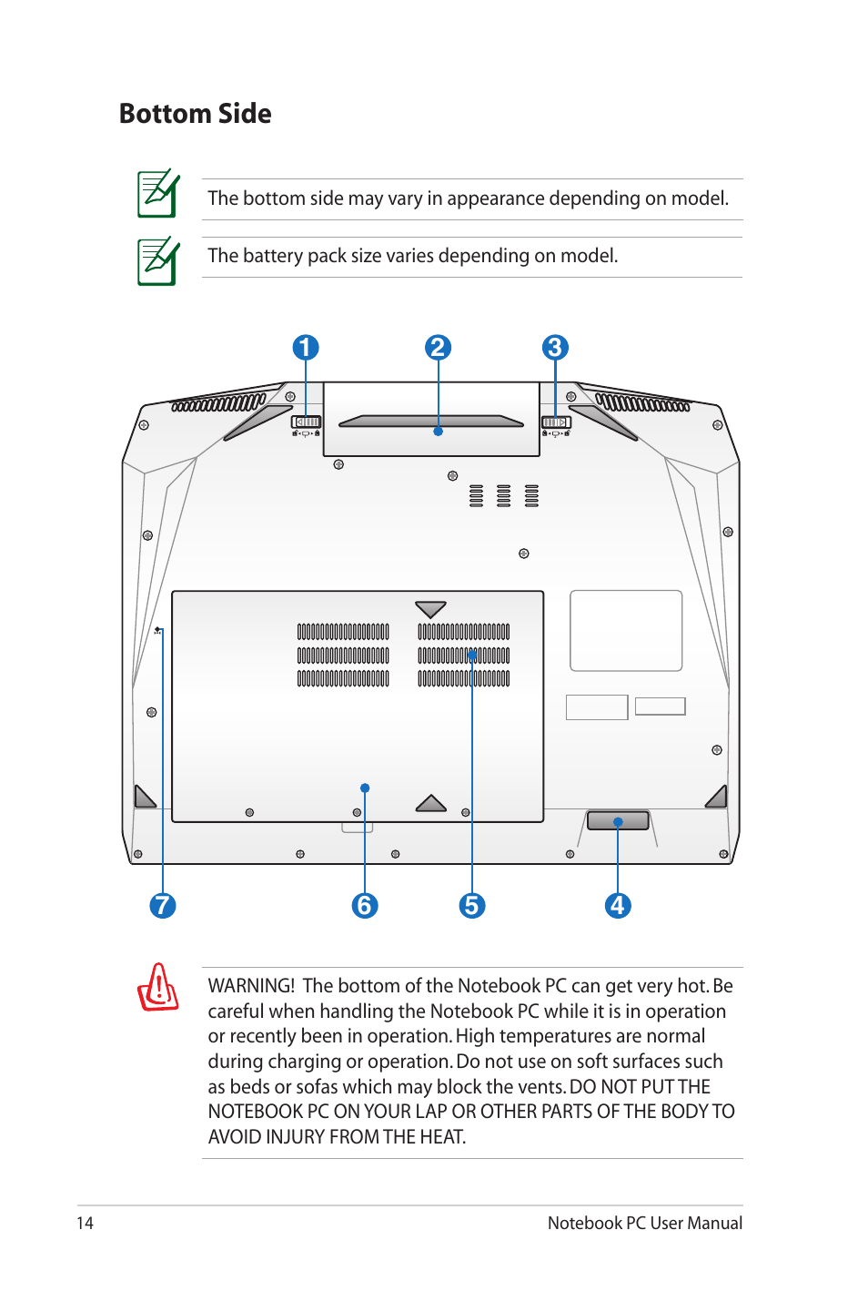 Bottom side | Asus G73Jh User Manual | Page 14 / 30