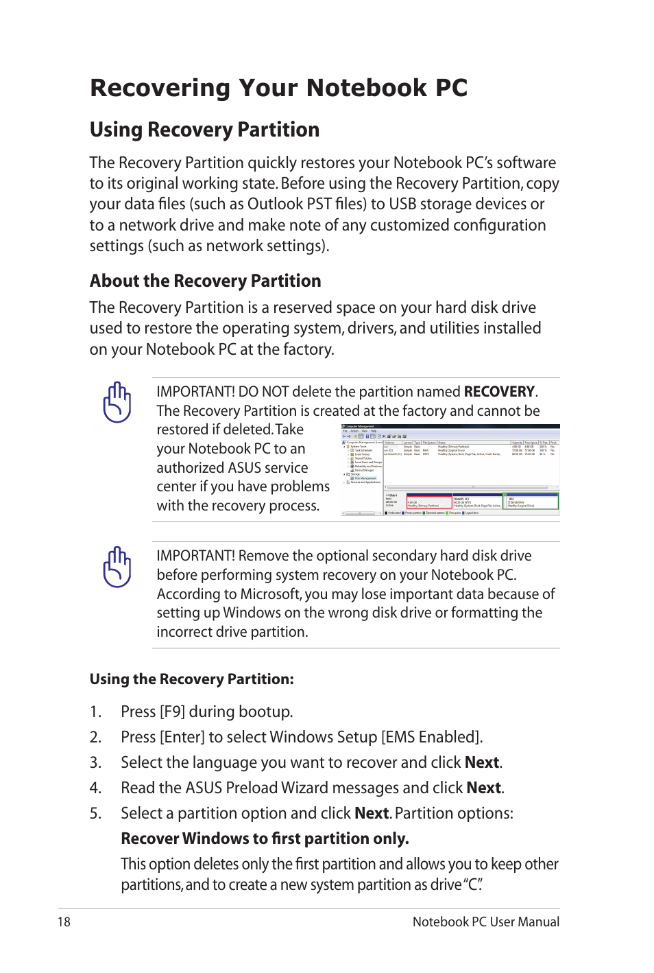 Recovering your notebook pc, Using recovery partition | Asus G73Jh User Manual | Page 18 / 30
