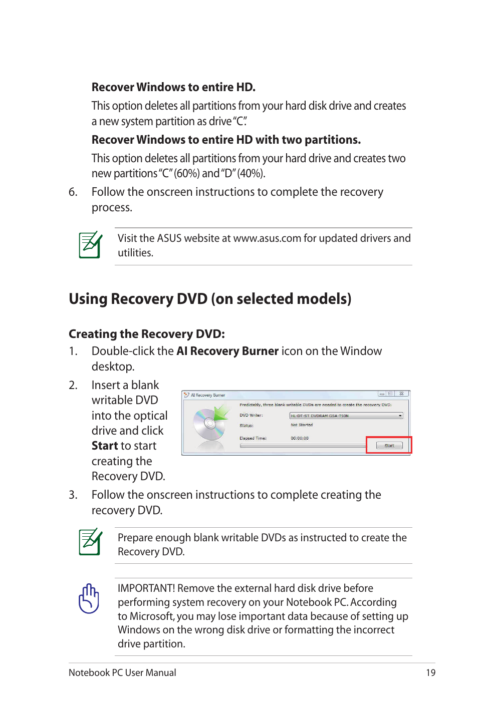 Using recovery dvd (on selected models) | Asus G73Jh User Manual | Page 19 / 30