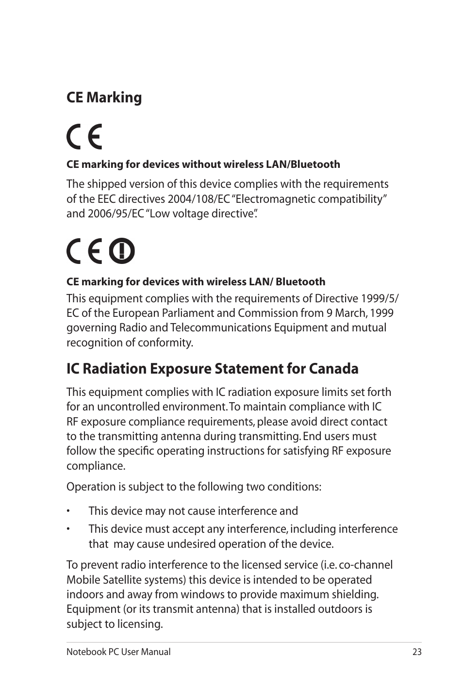 Ce marking, Ic radiation exposure statement for canada | Asus G73Jh User Manual | Page 23 / 30