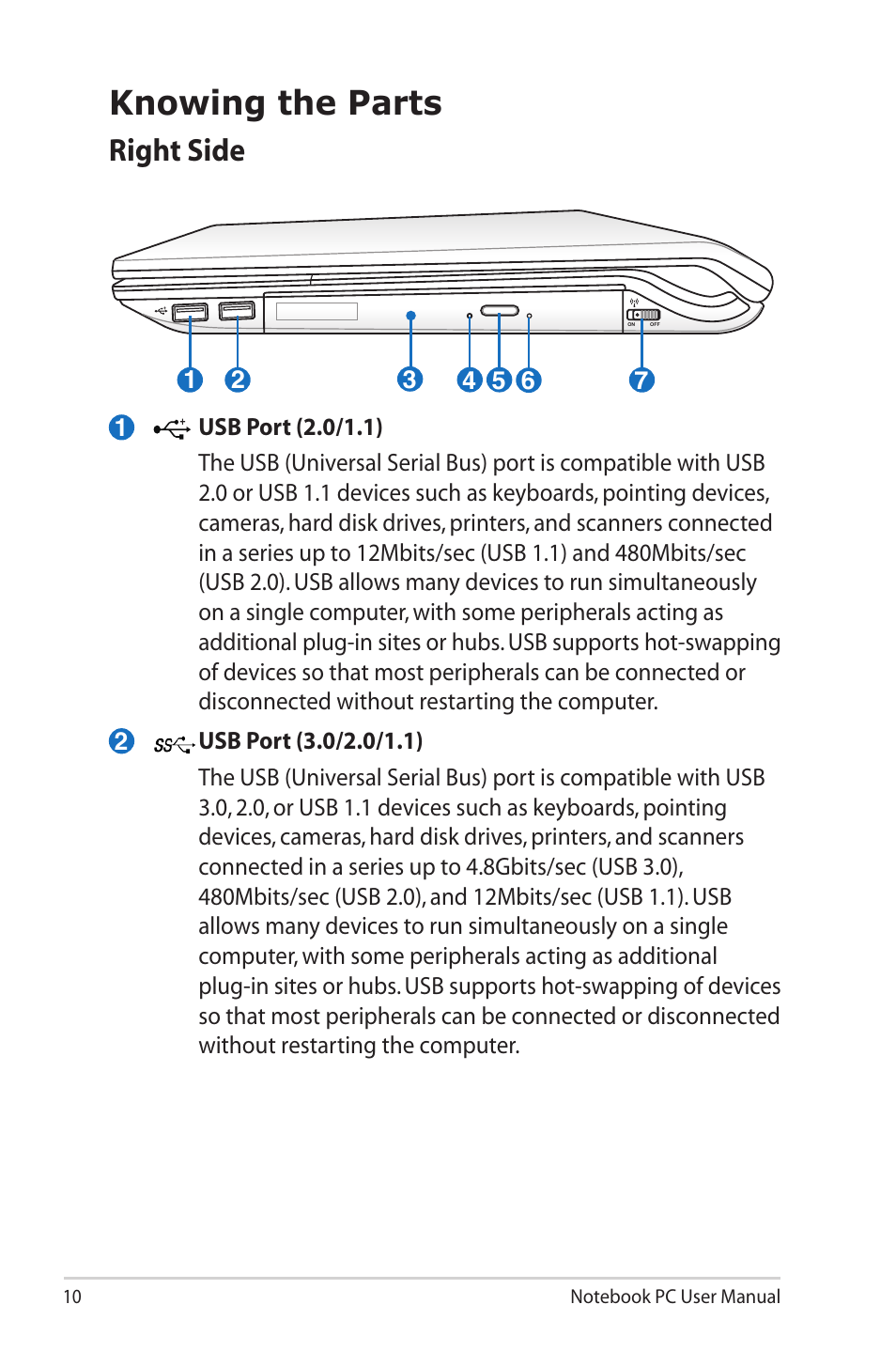 Knowing the parts, Right side | Asus N43JQ User Manual | Page 10 / 30