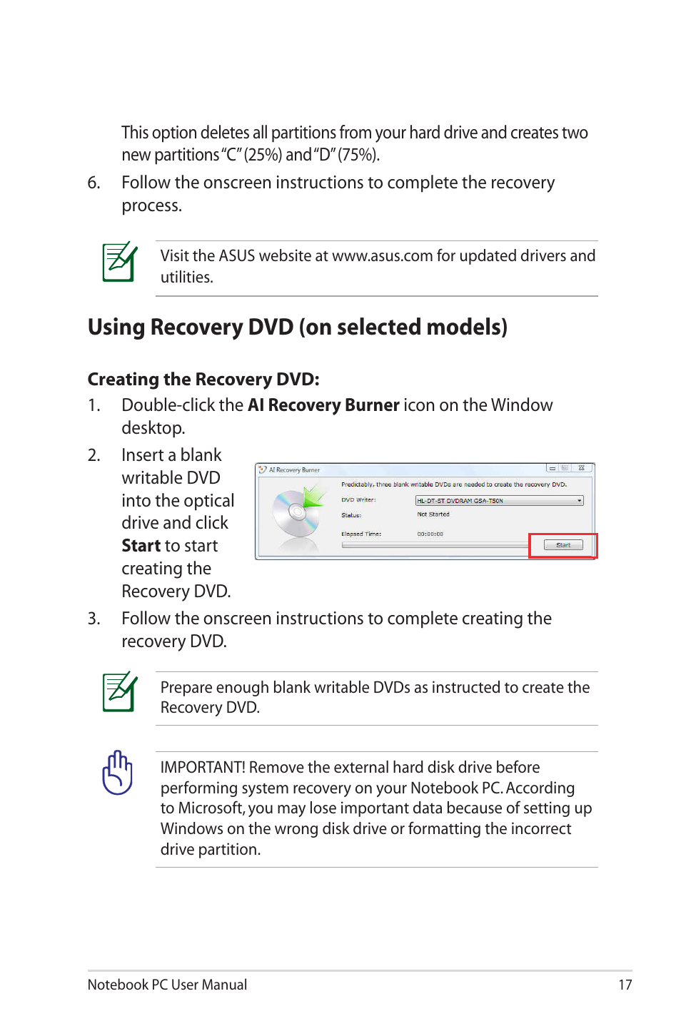 Using recovery dvd (on selected models) | Asus N43JQ User Manual | Page 17 / 30