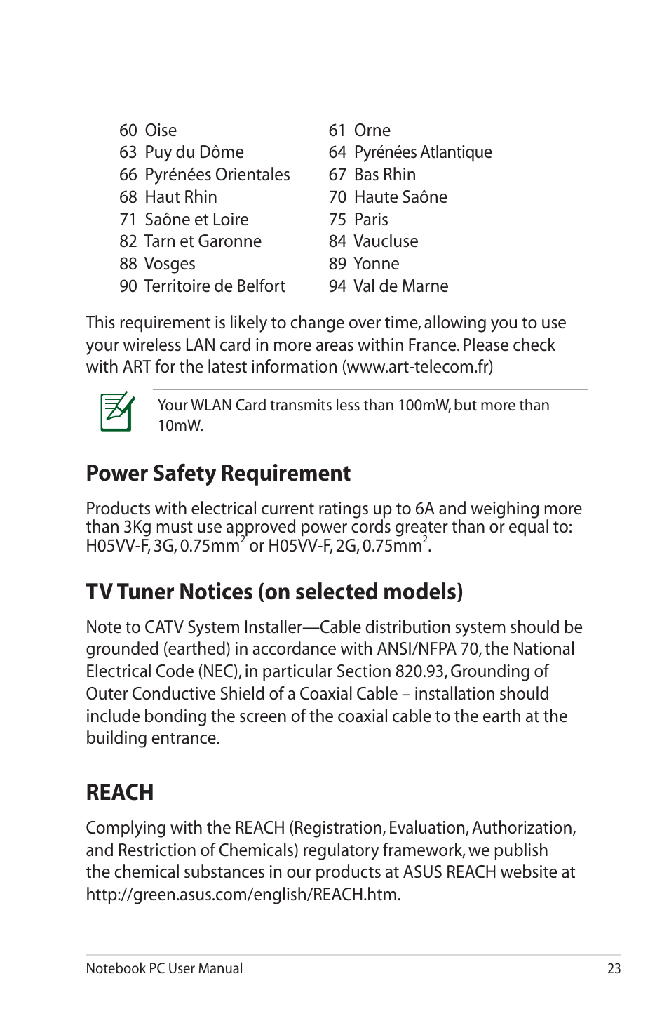 Power safety requirement, Tv tuner notices (on selected models), Reach | Asus N43JQ User Manual | Page 23 / 30