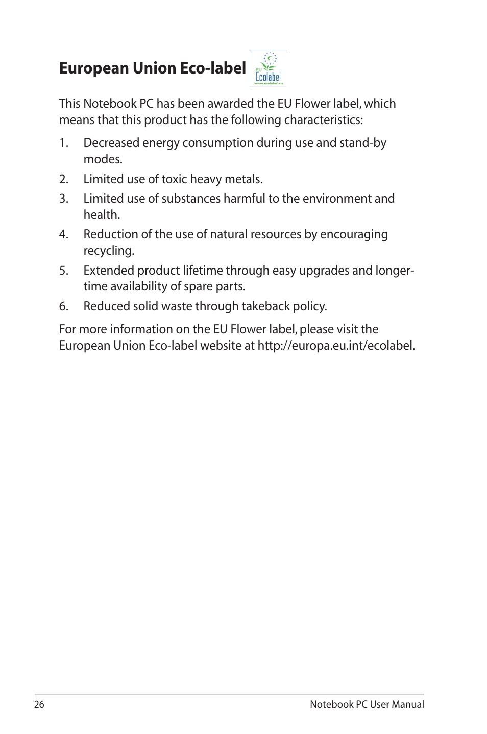 European union eco-label | Asus N43JQ User Manual | Page 26 / 30