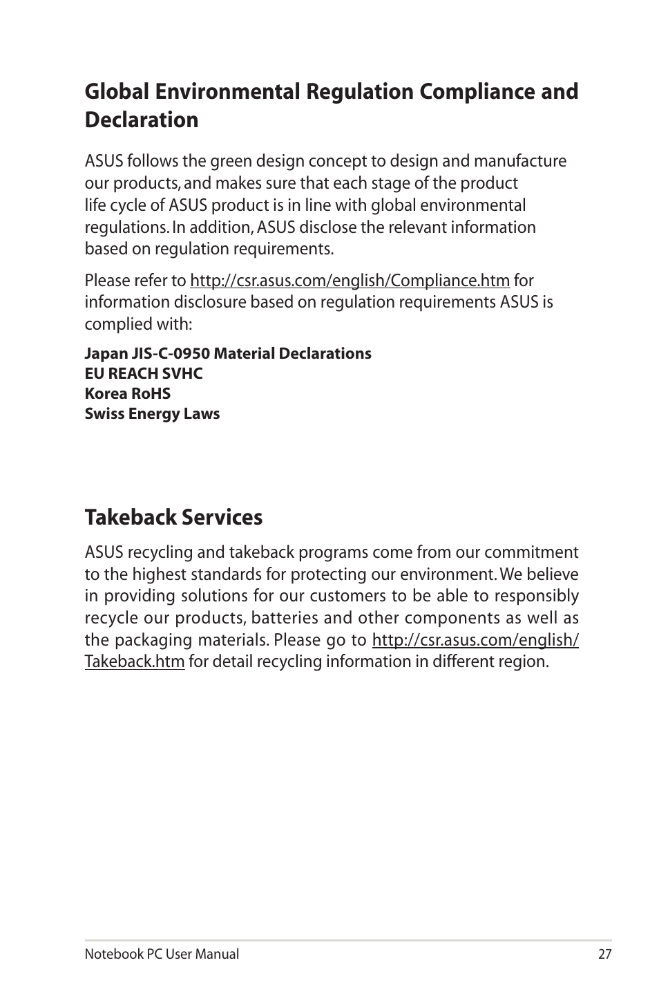 Takeback services | Asus N43JQ User Manual | Page 27 / 30