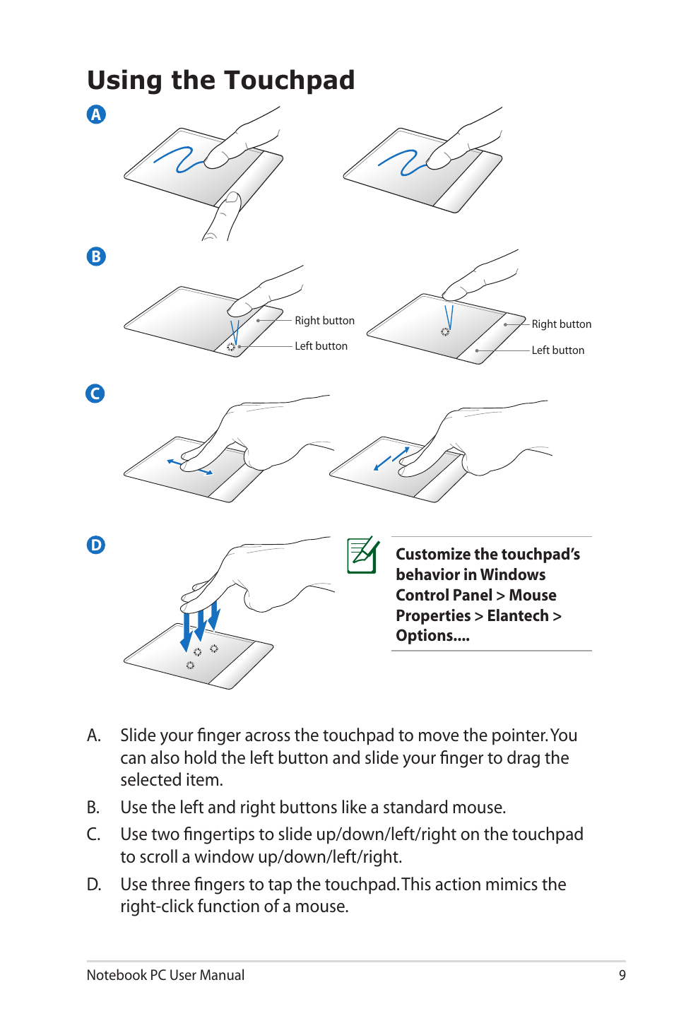 Using the touchpad | Asus N43JQ User Manual | Page 9 / 30