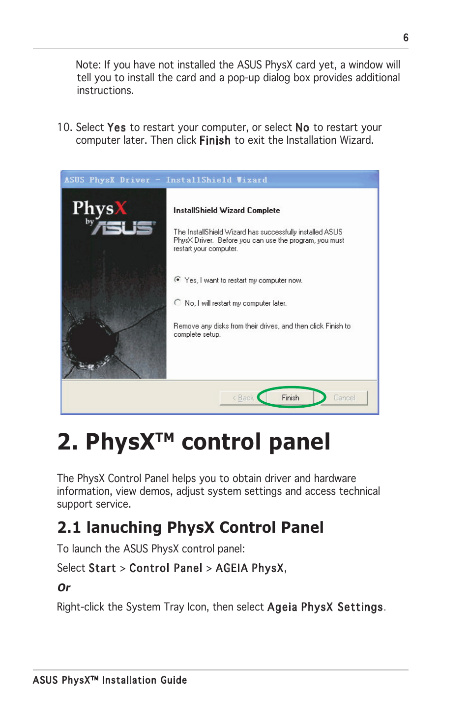 Physx, Control panel, 1 lanuching physx control panel | Asus PhysX P1 User Manual | Page 11 / 18