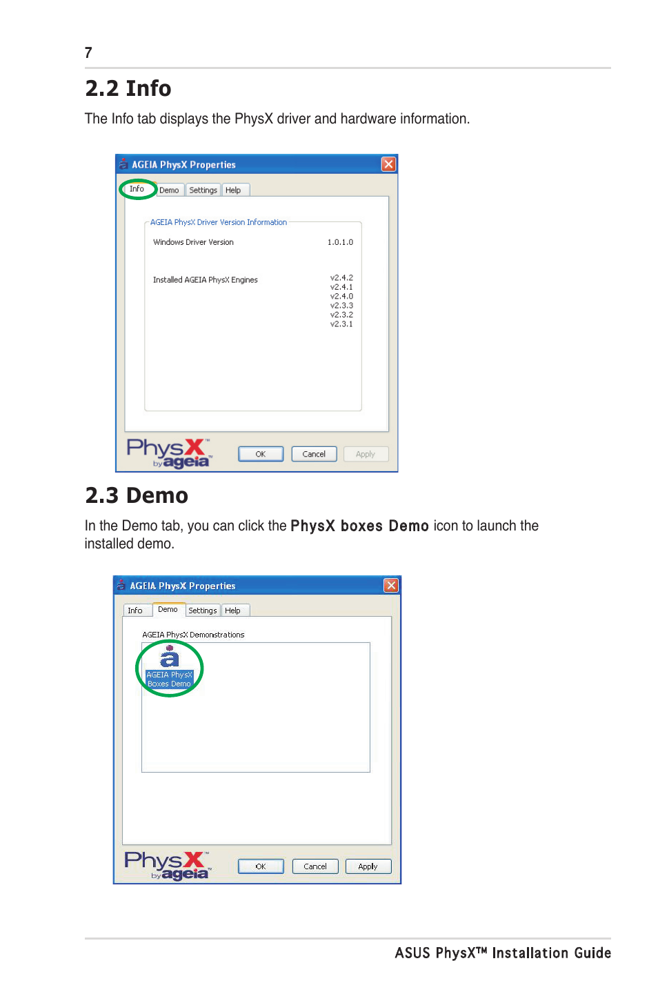 2 info, 3 demo | Asus PhysX P1 User Manual | Page 12 / 18