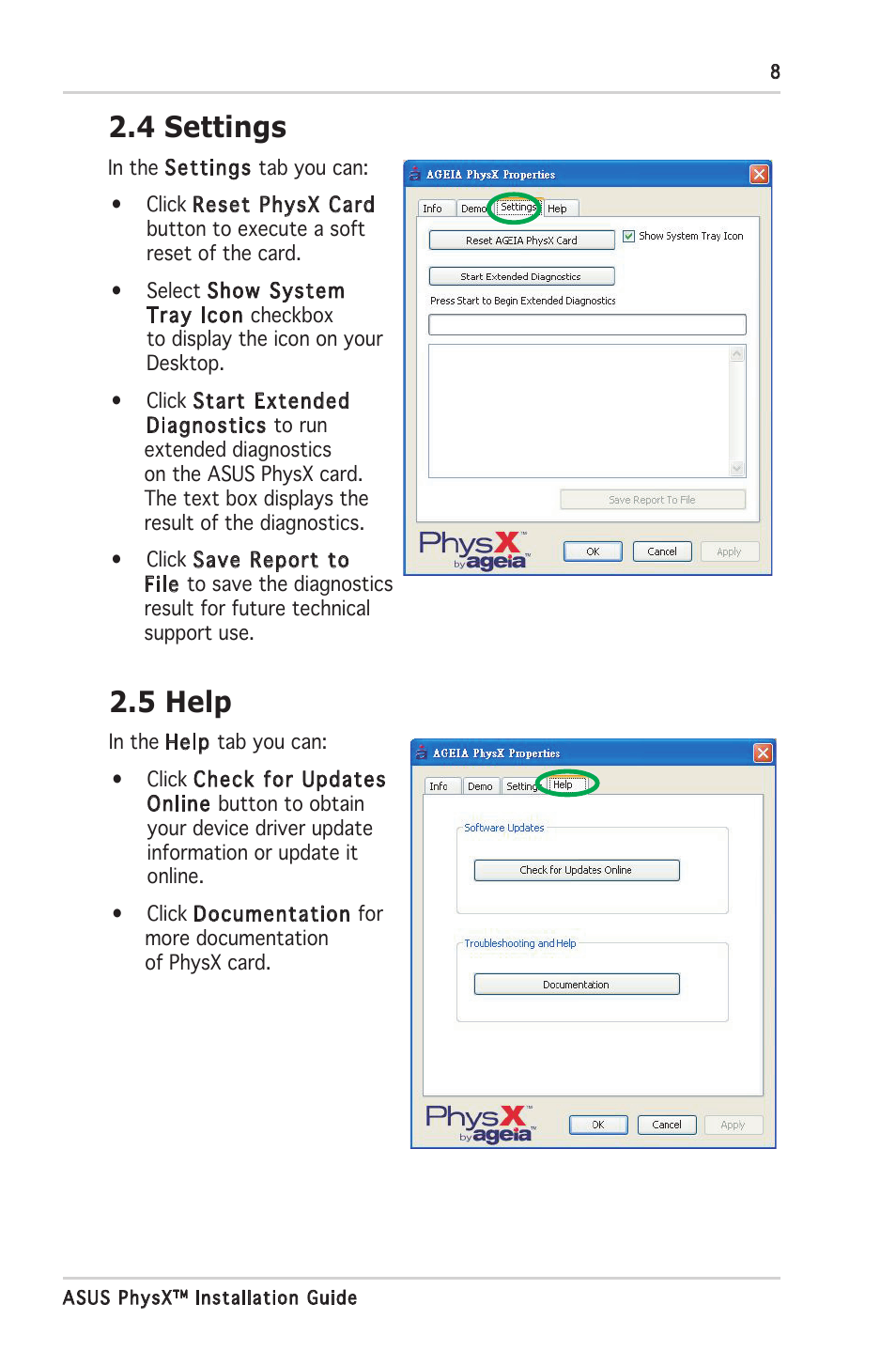 4 settings, 5 help | Asus PhysX P1 User Manual | Page 13 / 18