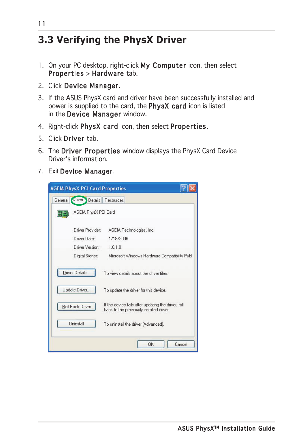 3 verifying the physx driver | Asus PhysX P1 User Manual | Page 16 / 18