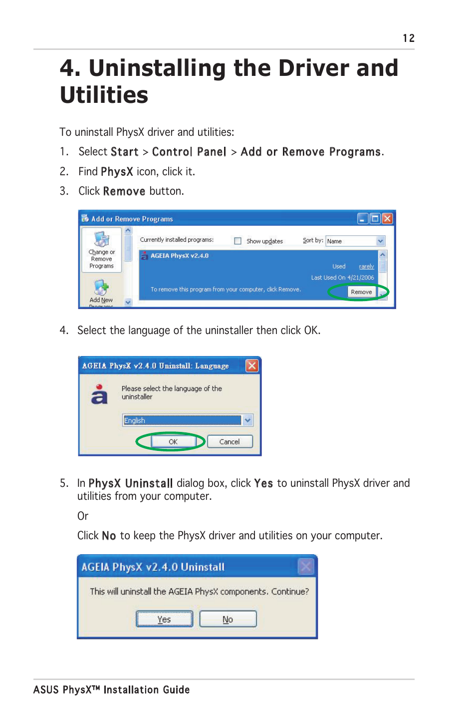 Uninstalling the driver and utilities | Asus PhysX P1 User Manual | Page 17 / 18