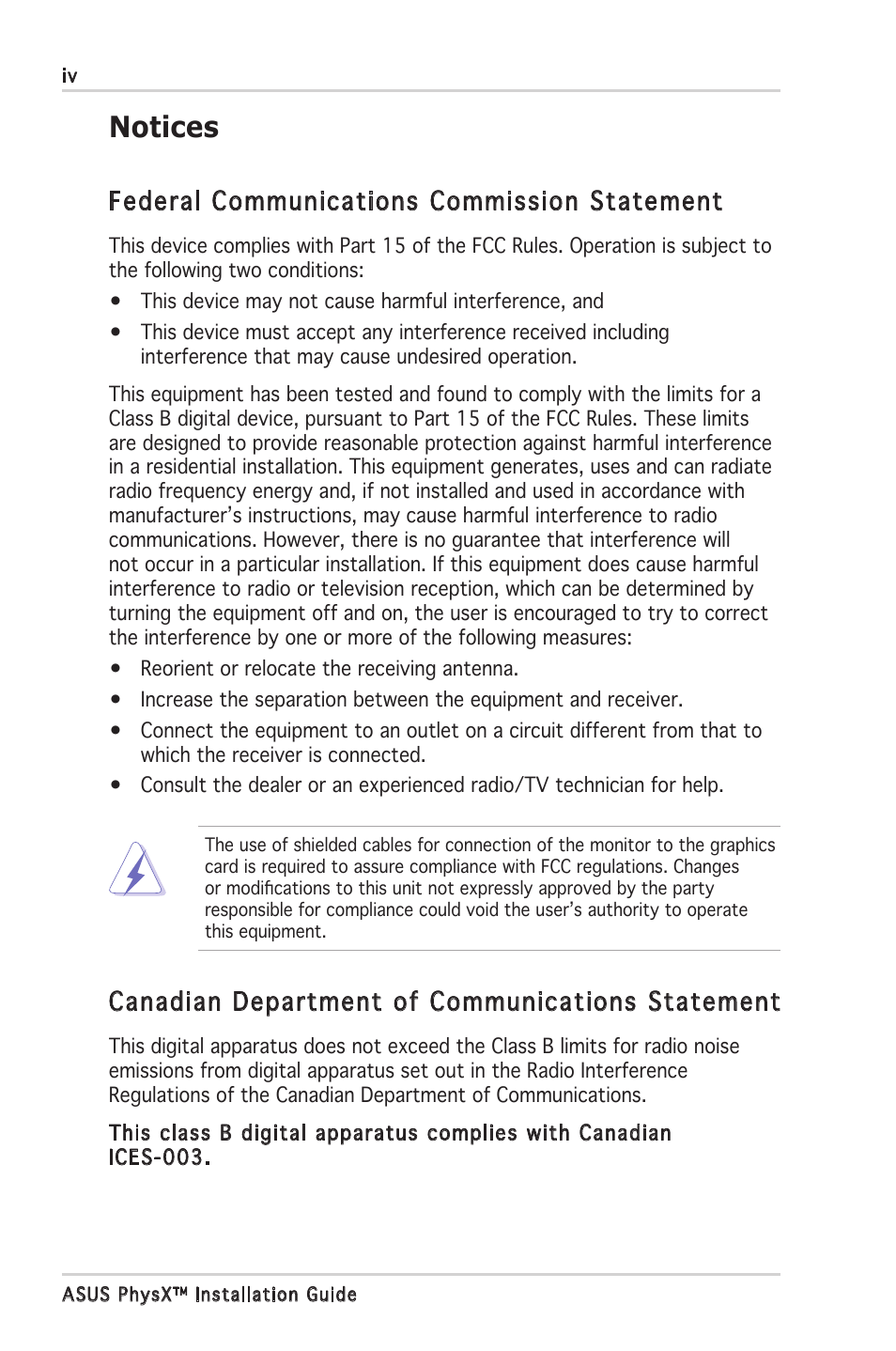 Notices, Federal communications commission statement, Canadian department of communications statement | Asus PhysX P1 User Manual | Page 4 / 18