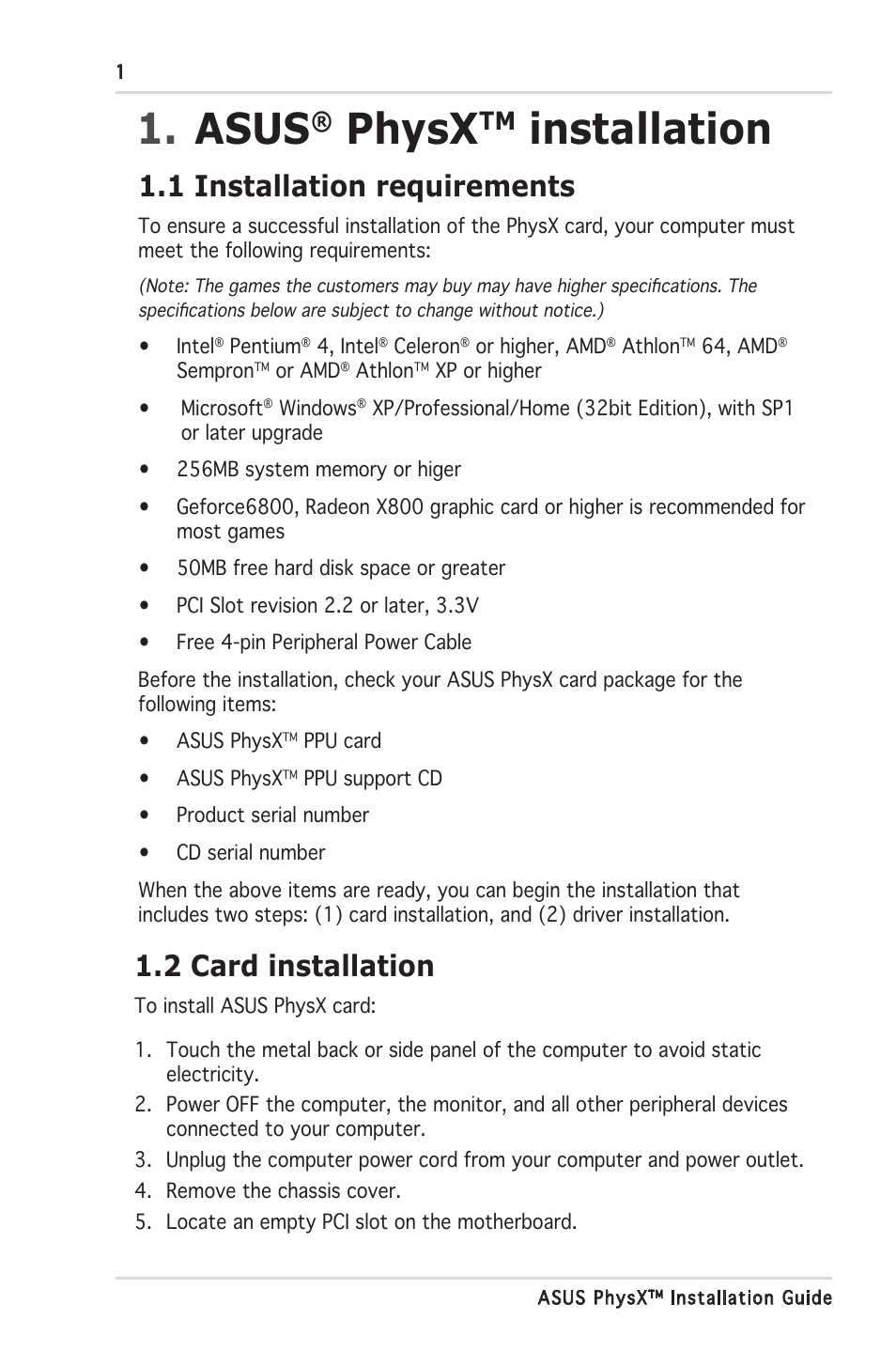 Asus, Physx, Installation | 1 installation requirements, 2 card installation | Asus PhysX P1 User Manual | Page 6 / 18