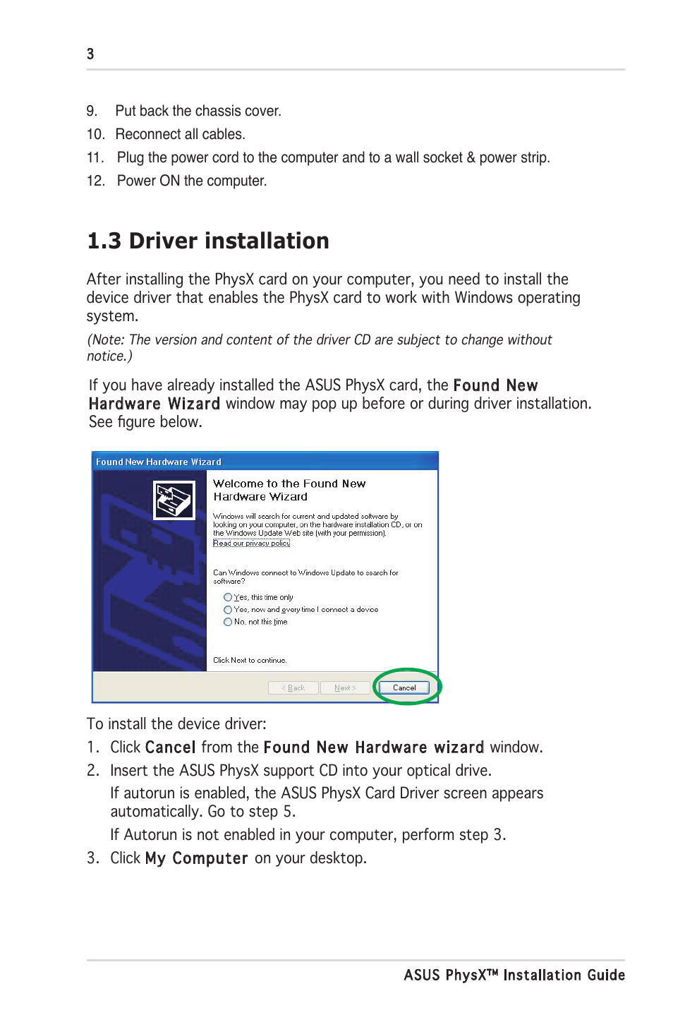 3 driver installation | Asus PhysX P1 User Manual | Page 8 / 18