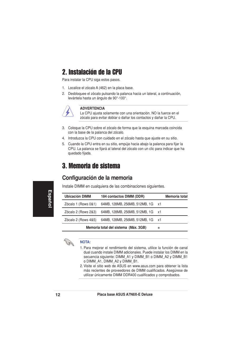 Instalación de la cpu | Asus A7N8X-E Deluxe User Manual | Page 12 / 16