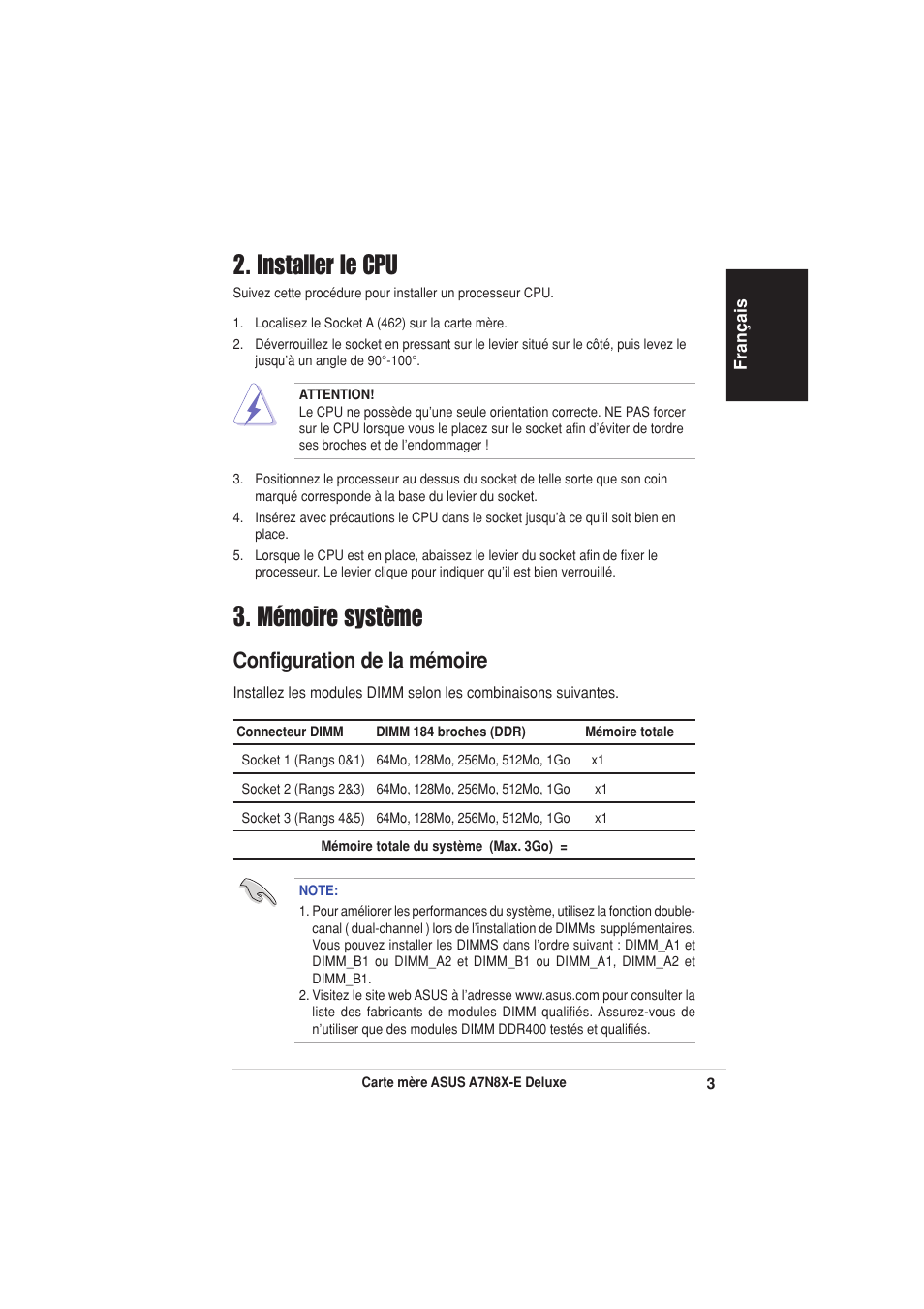 Mémoire système, Installer le cpu, Configuration de la mémoire | Asus A7N8X-E Deluxe User Manual | Page 3 / 16