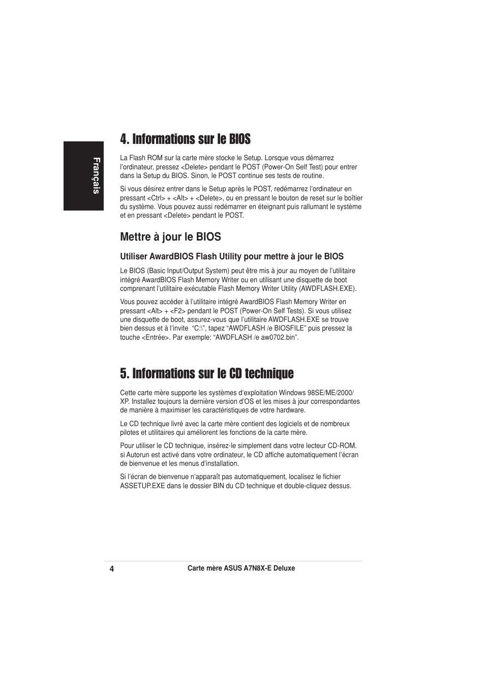 Informations sur le bios, Informations sur le cd technique, Mettre à jour le bios | Asus A7N8X-E Deluxe User Manual | Page 4 / 16