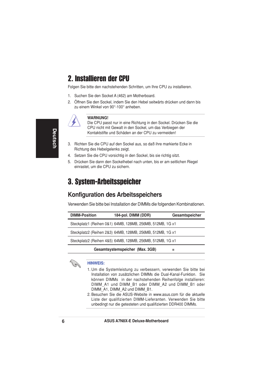 System-arbeitsspeicher, Installieren der cpu, Konfiguration des arbeitsspeichers | Asus A7N8X-E Deluxe User Manual | Page 6 / 16