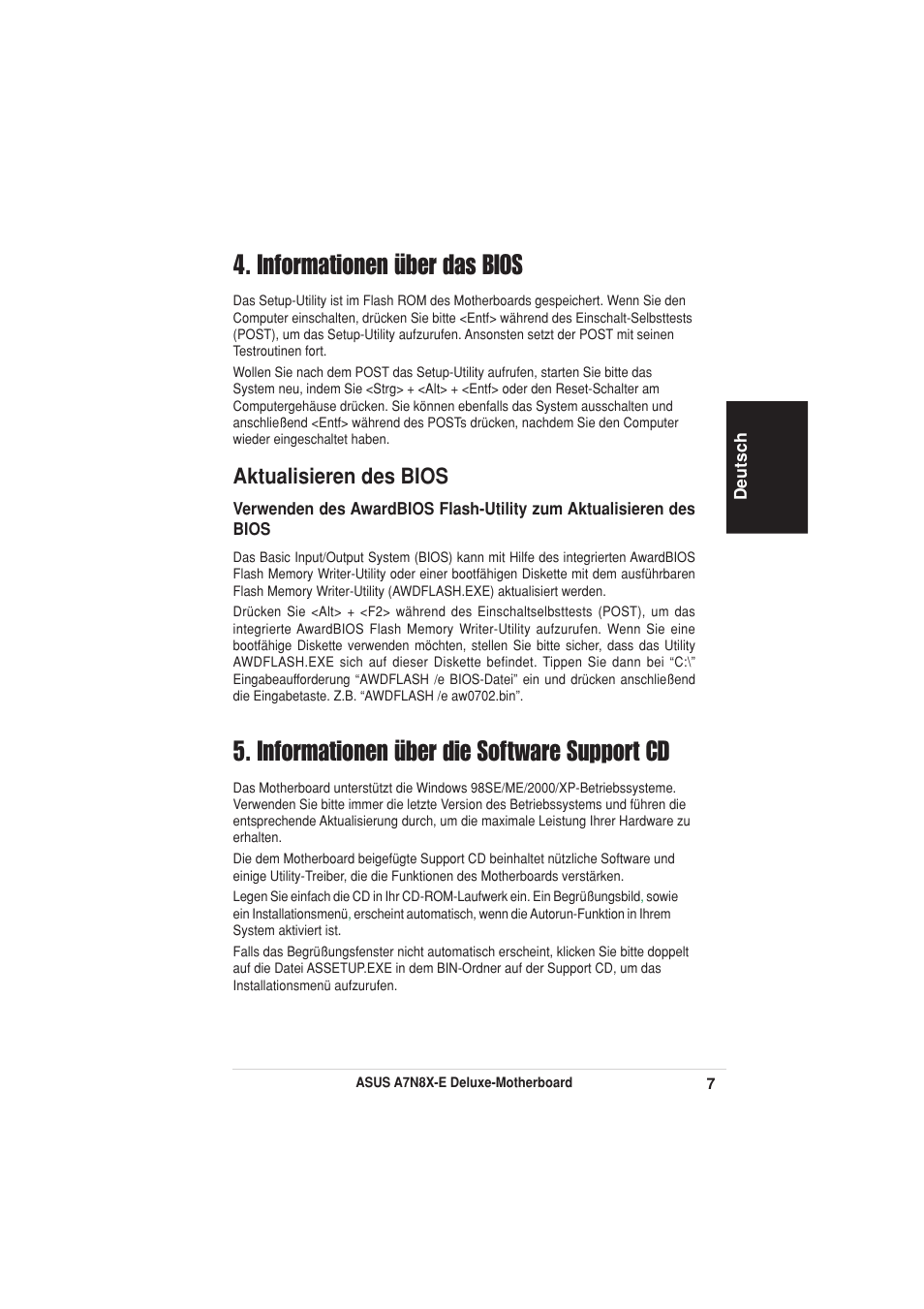 Informationen über das bios, Informationen über die software support cd, Aktualisieren des bios | Asus A7N8X-E Deluxe User Manual | Page 7 / 16