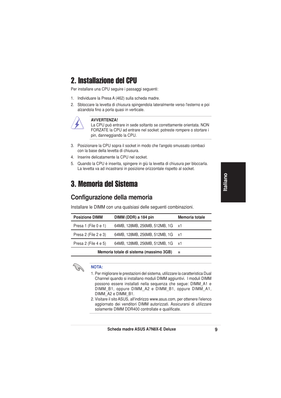 Installazione del cpu | Asus A7N8X-E Deluxe User Manual | Page 9 / 16