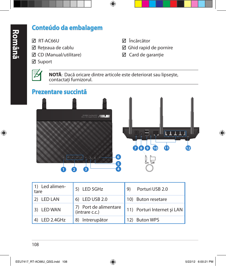 Română, Conteúdo da embalagem, Prezentare succintă | Asus RT-AC66U User Manual | Page 108 / 194