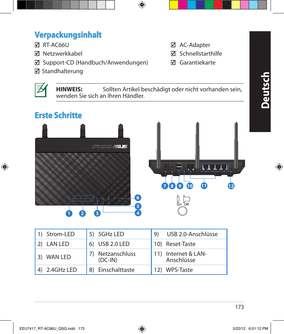 Deutsch, Verpackungsinhalt, Erste schritte | Asus RT-AC66U User Manual | Page 173 / 194