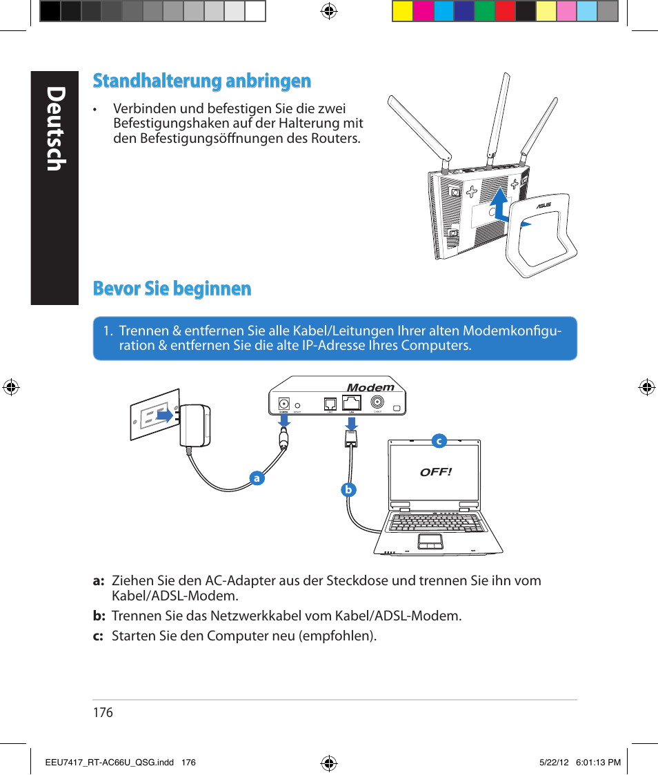 Deutsch, Standhalterung anbringen, Bevor sie beginnen | Asus RT-AC66U User Manual | Page 176 / 194