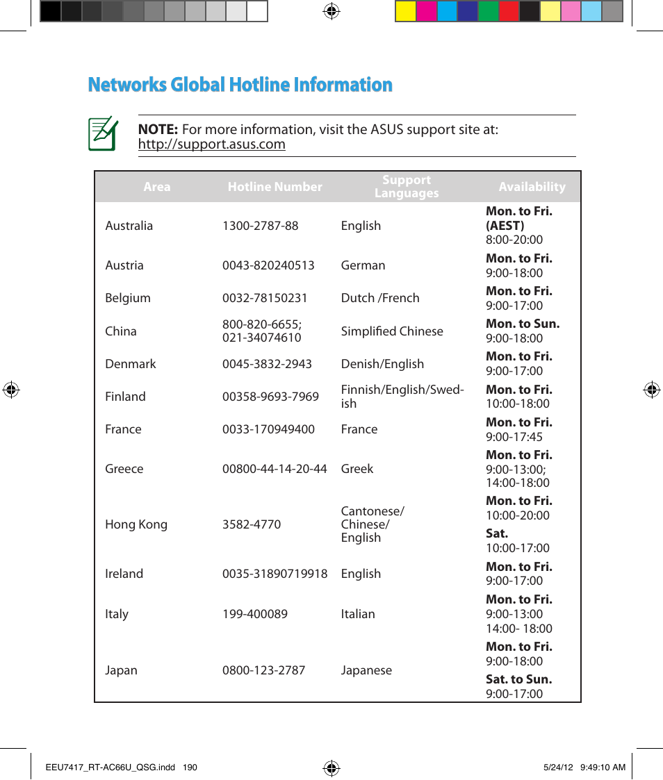 Networks global hotline information | Asus RT-AC66U User Manual | Page 190 / 194