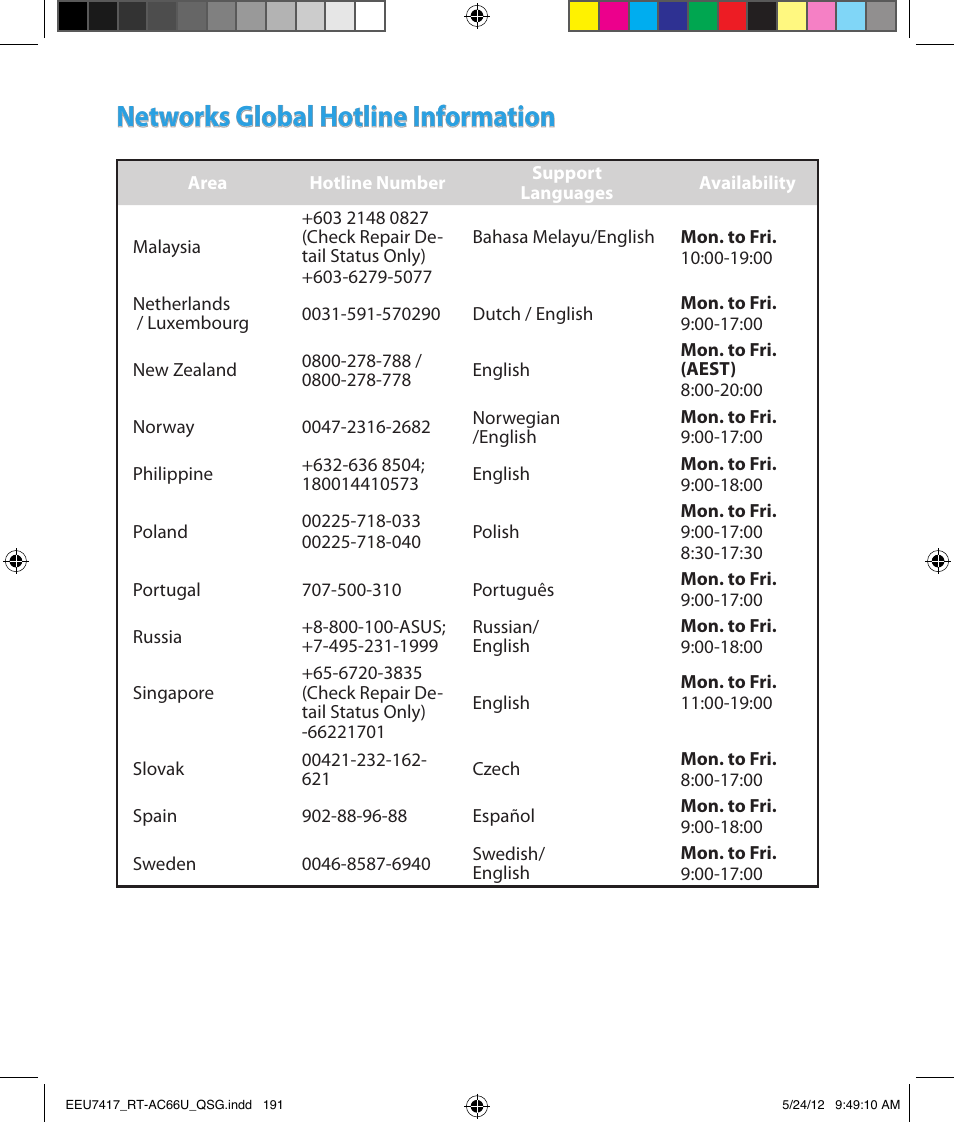 Networks global hotline information | Asus RT-AC66U User Manual | Page 191 / 194