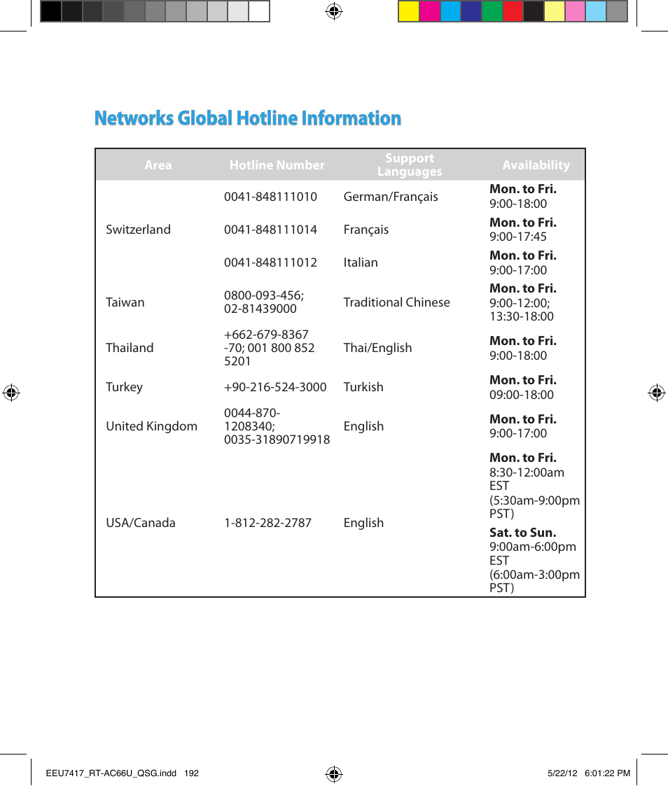 Networks global hotline information | Asus RT-AC66U User Manual | Page 192 / 194